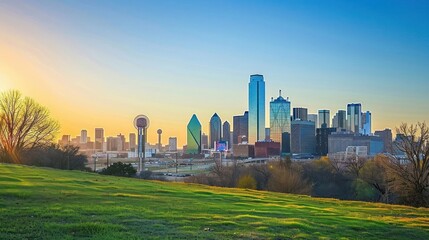 Fototapeta premium A vibrant skyline view of a city at sunset, showcasing modern architecture and green foreground.