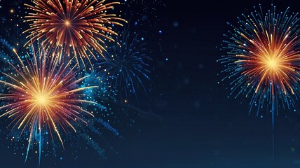 Fototapeta premium Fireworks on blue background with stars and space for text