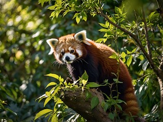 Red Panda Perched on a Branch Amidst Lush Green Foliage
