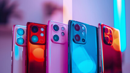Colorful collection of modern smartphones displayed against a vibrant, neon-lit backdrop, showcasing innovative designs and features