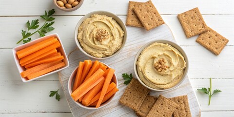 Naklejka premium Nutritious Snack Setup An overhead view of small bowls filled with hummus carrot sticks and whole grain crackers showcasing balanced snack options that maintain stable sugar