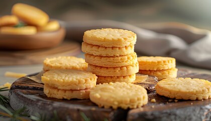 A stack of homemade buttery cheese cookies on a wooden cutting board.