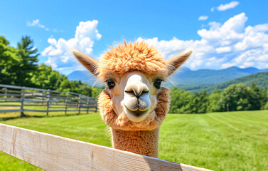 Obraz premium In an open field with mountains in the background, an alpaca with fluffy wool poses for a portrait