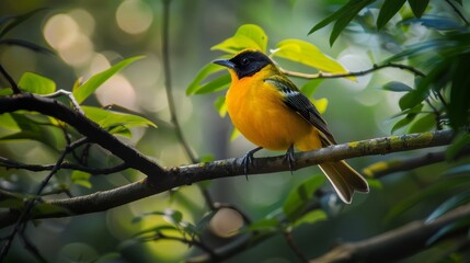 Fototapeta premium Brightly colored bird sitting on a branch in a lush green forest during the golden hour of the day