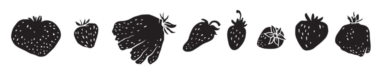 Charming black-and-white silhouette strawberry illustration set. Perfect for branding, packaging, recipe cards, art prints, and seasonal decorations.