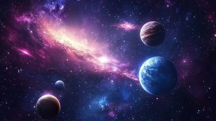 Exotic galaxy illustration with the solar system, showcasing planets in a vibrant, star-filled cosmic setting.
