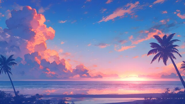 Sunset view with a calm beach landscape, soft golden hues creating a peaceful summer mood, in anime-inspired style.