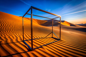 A geometric frame stands in a vibrant desert landscape, casting shadows on the rippled sand under a bright blue sky.