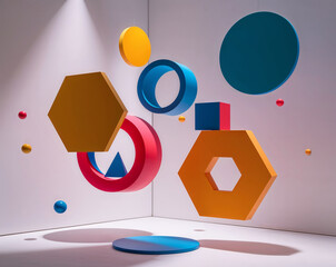 Abstract Geometric Shapes in Modern Art Installation with Floating Colorful 3D Forms