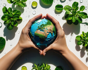 Hands Holding Earth Globe Surrounded by Fresh Green Leaves and Water Droplets – Symbol of...