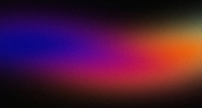 Abstract glowing purple blue orange green color grainy gradient backdrop. Dark wave shaped color flow noisy curved texture, vibrant colors, website header design, poster, banner, cover