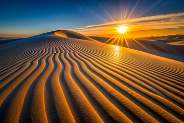 Naklejka premium A stunning sunset illuminates wave-like patterns across a vast sand dune landscape, creating a serene and picturesque atmosphere.