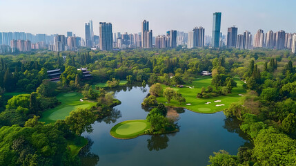 Obraz premium Aerial view of a golf course with a lake and a city skyline in the background.
