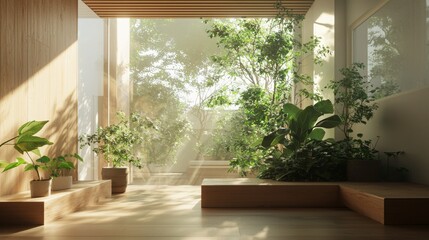 Fototapeta premium Minimalist Home Interior with Lush Greenery and Light