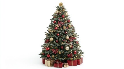 Obraz premium Festive Christmas tree with red and gold ornaments, bright lights, and gifts displayed on a white background