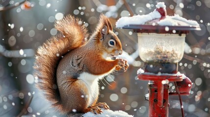 Naklejka premium A squirrel eating from a bird feeder in a snowy landscape, surrounded by falling snowflakes.