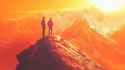 Fototapeta premium Two figures stand atop a rugged peak, bathed in a warm orange glow from a setting sun