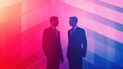 Two silhouetted men in suits face each other against a vibrant, colorful background of geometric patterns
