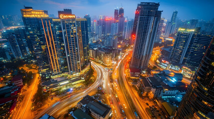 Fototapeta premium Aerial view of a modern city at night with traffic light trails.