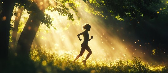 Naklejka premium Trail runner in the forest, energetic pose with sunlight filtering through trees 