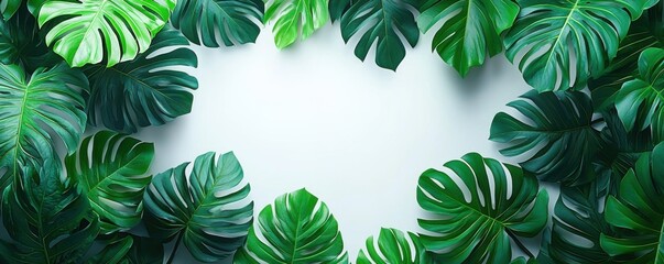 Lush Green Monstera Leaves Frame Tropical Foliage Border Nature Background