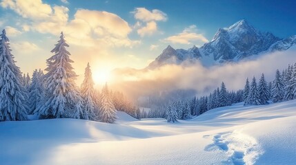 Fototapeta premium Snowy mountain landscape at sunset