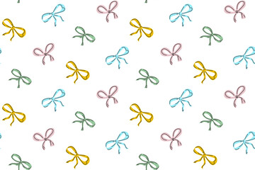 Seamless pattern of multicolored bows in soft pastel tones on a white background. Ideal for gift wrapping, festive decorations, and fabric design, adding a playful, elegant touch