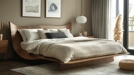 Modern Minimalist Bedroom Featuring Elegant Wooden Bed Frame