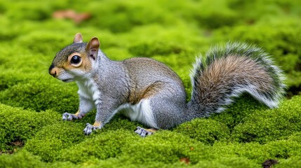 Obraz premium Squirrel on Green Moss Ground in Nature