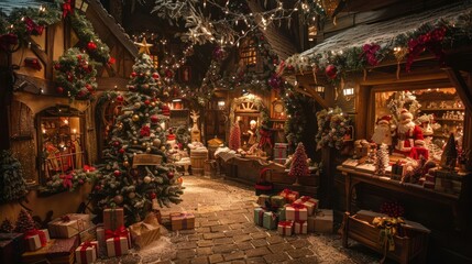 A festive village scene adorned with Christmas decorations, trees, and gifts.