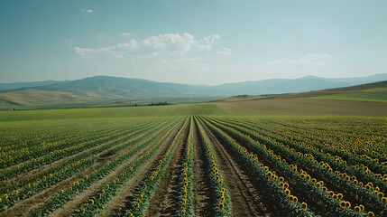 Aerial view of a vast field of sunflowers in rows, stretching towards the horizon and blue sky with white clouds.
