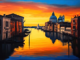 Fototapeta premium A stunning sunset over Venice, showcasing vibrant colors reflecting on the water. Traditional buildings and gondolas create a picturesque scene, capturing the magic of this iconic city.