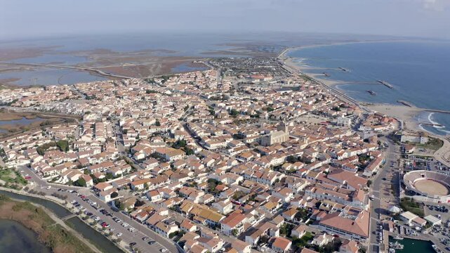Aerial view of the town of Saintes Maries de la Mer, in the Bouches du Rh&ocirc;ne, in Provence, France