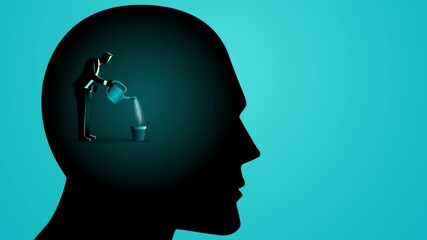 Businessman watering a plant within a human head, which blossoms into a light bulb symbolizing growth, innovation, and ideas. Themes of creativity, business strategy, and mental nurturing