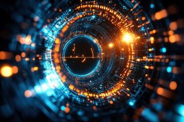 Obraz premium Abstract Tech Tunnel Futuristic Digital Data Stream Cyberspace Network Orange Blue Glow