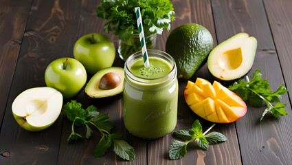  Healthy Green Smoothie with Fresh Ingredients,A vibrant green smoothie in a mason jar surrounded by fresh ingredients, including green apples, avocado, mango, mint, and parsley