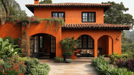 Fototapeta premium Charming orange house surrounded by lush greenery and flowers.