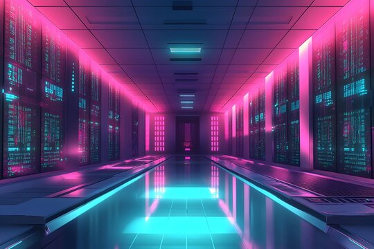 Futuristic Data Processing Facility with Dramatic Lighting and Towering Server Arrays