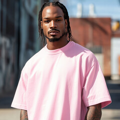 close up A man wearing an oversized pink t-shirt. He stands against an industrial background. Ai generated images