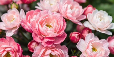 Fototapeta premium Close-up of delicate pink and white ranunculus flowers in full bloom, nature, ranunculus