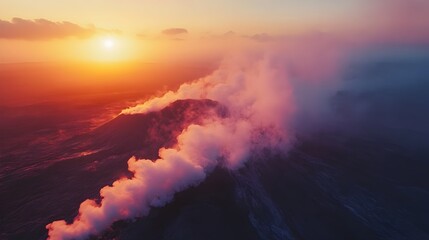 Fototapeta premium Dramatic Volcanic Landscape with Billowing Steam and Vibrant Sunset Hues in Cinematic Aerial View