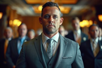 Fototapeta premium A determined man in business attire stands confidently in a grand hallway filled with professionals