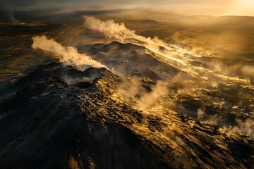 Fototapeta premium Dramatic Volcanic Terrain Glowing in the Warm Sunset Glow Captured from a Bird s Eye View in Cinematic Sci Fi Style