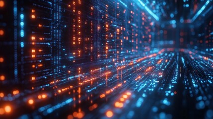 Fototapeta premium Abstract digital landscape with glowing data streams and patterns.