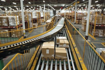 Fototapeta premium Conveyor belt in a bustling warehouse efficiently handling the flow of packages