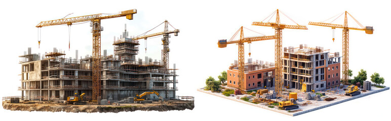 Set of High-Rise Construction Site with Tower Cranes and Heavy Equipment &ndash; Modern Building Development, Isolated on Transparent Background