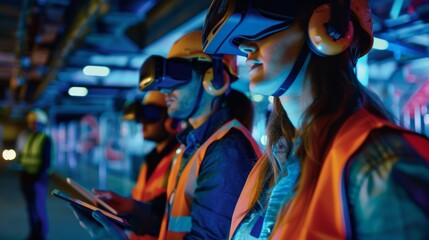 Obraz premium A team of engineers using tablets and virtual reality technology to walk through a 3D model of an amut park ride before construction begins.