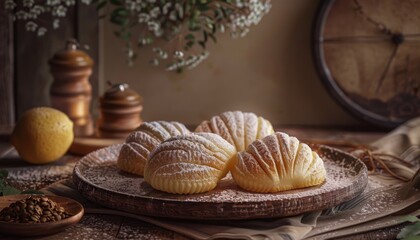 Four freshly baked, shell-shaped pastries dusted with powdered sugar on a rustic wooden plate with a lemon, a bouquet of flowers, and a wooden spoon.