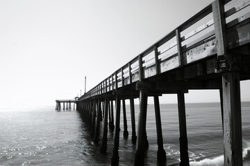 Fototapeta premium Wooden pier fading into a foggy horizon over a tranquil, mist-covered ocean on a gray day.