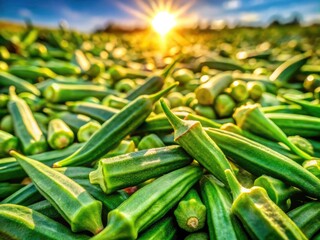 Aerial View of Sun-Dried Okra: Fresh Green Ladies' Fingers and Seedpods in Natural Sunlight for Healthy Cooking